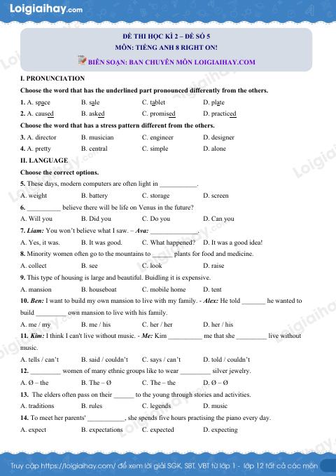 Đề thi học kì 2 Tiếng Anh 8 Right on! - Đề số 5
